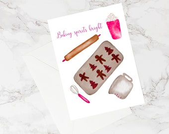 Baking Spirits Bright Holiday Card - Pink Watercolor Christmas Card Featuring Fun Holiday Baking Illustrations