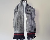 Scarf Anne Klein II 9 Inches by 53 Inches Wool Acrylic Blend Black White Houndstooth Red Stripe Tassel Ends Vintage Accessory