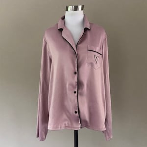 Sleep Shirt Small Victoria&#39;s Secret Mauve Purple Black Piping and Covered Buttons Long Sleeves Button Front Vintage Lingerie