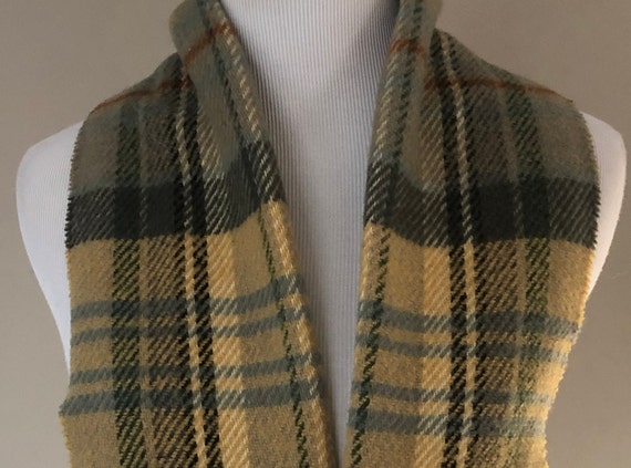 Scarf 10 x 52 Inches  Grey Blue  Plaid WOOL Fring… - image 1