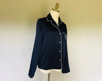 Sleep Shirt Small Victoria&#39;s Secret Navy Blue White Piping Long Sleeves Button Front Vintage Lingerie
