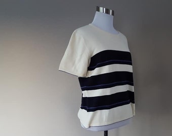 Pullover Medium Casual Corner Black White Striped Cotton Sweater Crew Neck Short Sleeves Vintage Apparel