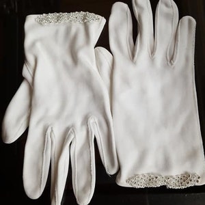 Gloves Size 6  White Dress Cotton Rhinestone Cuff  Small