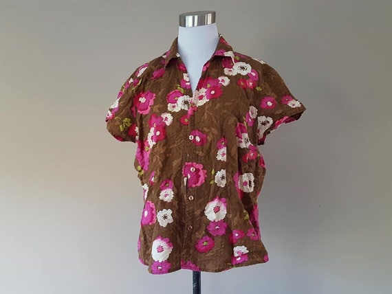 Shirt Large Pappagallo Brown Pink Floral Cotton S… - image 3