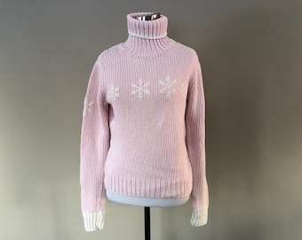 Pullover Sweater  Medium SO Pink Turtleneck Snowflakes Long Sleeve Vintage