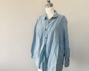 Plus Size 2X COLDWATER CREEK Long Sleeve Blue Linen Button Front Shirt Blouse