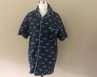 Sleep Shirt Small Stafford Blue Fish Short Sleeves  Pocket Button Front Bed Top Short Sleeves Vintage
