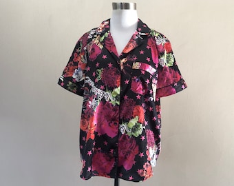 Sleep Shirt Small Victoria's Secret Floral Pink Black Short  Sleeves Button Front Vintage Lingerie