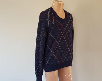 MERINO WOOL Pullover Medium Bobby Jones Collection V Neck Made In Hong Kong Navy Blue Argyle Long Sleeve Sweater Vintage Apparel