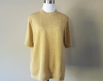 Pullover Sweater Petite Large Draper's and Damon's Gold Mock Half Sleeves Zipper Back Vintage Apparel