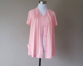 Pajama Top Medium Bed Jacket  Peach Pink Appliqué on Front and Shoulders Nylon Vintage Lingerie ..