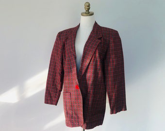 Jacket Size 10 Requirements Red Black Green Blue Plaid Shoulder Pads Made In USA Long Sleeves Vintage