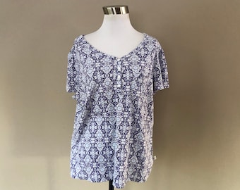 Pajama Top XL Karen Neuberger Sleep Shirt  Blue Swirls Short Sleeve Pullover Vintage Lingerie