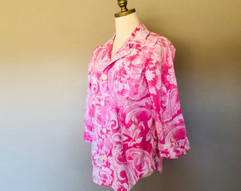 Sleep Shirt Large Chaps Pink White Paisley Three Quarter Sleeves Button Front Vintage Lingerie