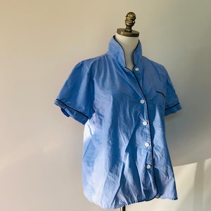Sleep Shirt Small J Crew Blue Cotton Blue Piping Breast Pocket Button Front Short Sleeve Pajama Top Vintage Lingerie