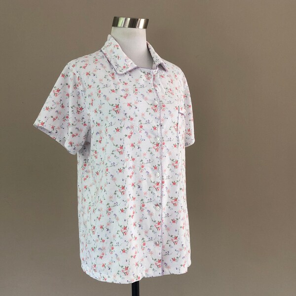 Sleep Shirt Adonna  Large Bed Top Floral Short Sleeve Top Button Up Cotton Vintage Sleepwear