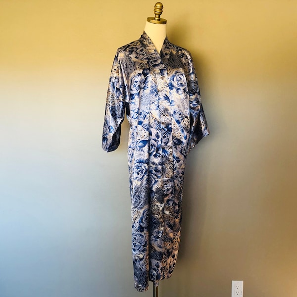 Robe Medium California Dynasty Blue Rose Print Satin Long Dressing Gown Vintage Lingerie