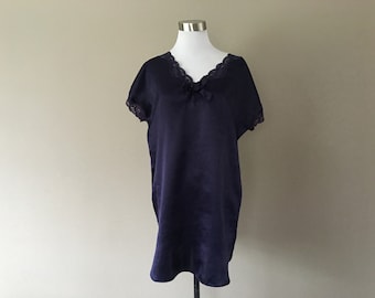 Sleep Shirt Small Petite Victoria&#39;s Secret Gold Label Navy Blue Satin Short Sleeves Vintage Lingerie