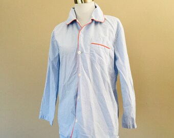 Sleep Shirt Extra Small J Crew Blue Cotton Red Piping Breast Pocket Button Front Long Sleeve Pajama Top Vintage Lingerie