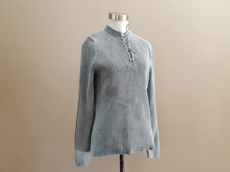 Pullover Medium Express Blue Made In Japan Henley Threaded Collar Long Sleeves Vintage Clothing