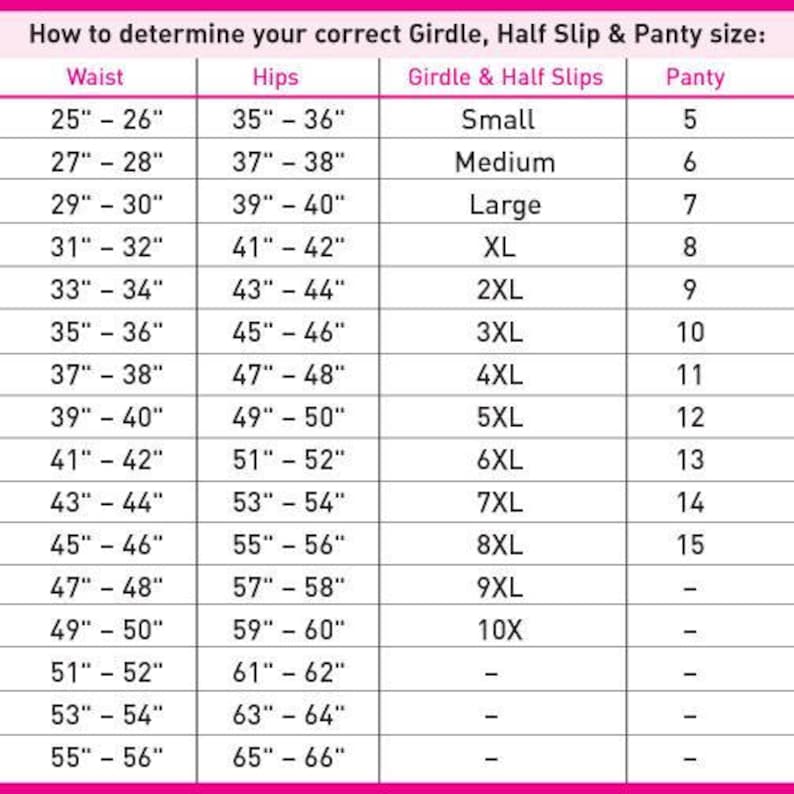 Vassarette Slip Size Chart