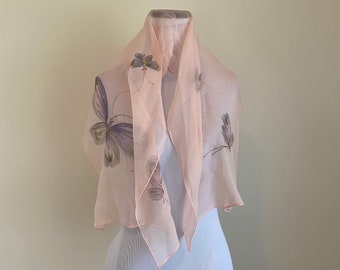 SILK SCARF Hand Painted Hand Rolled Hem 14 x 4 Inches Pink and Purple Butterflies Mode Makers by Ben Goodman Japan...