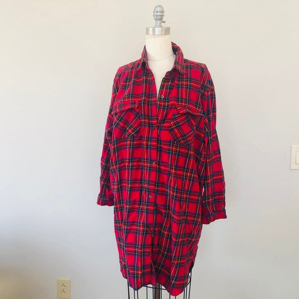 Large Red Plaid Night Shirt Sleepwear Pockets Charter Club  Cotton Long Sleeve Vintage Lingerie