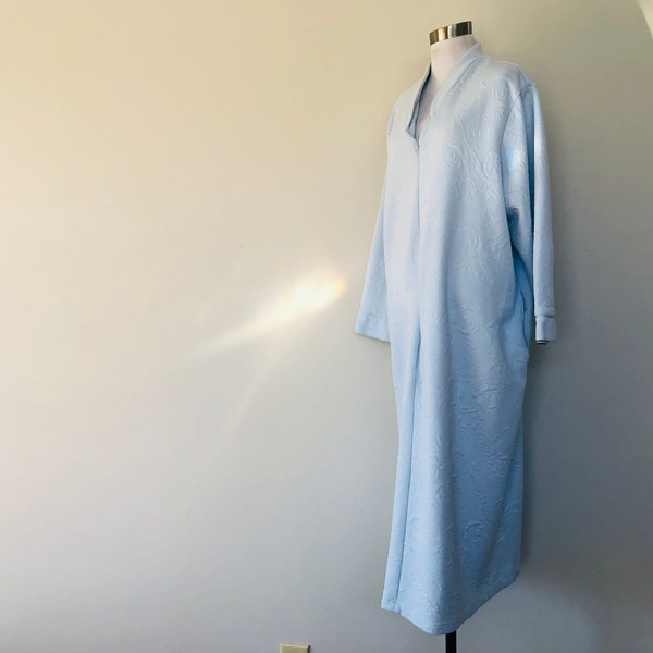 Robe Extra Large Light Blue Zipper Front High Neck Long Sleeves Jacquard Cotton Poly Blend  Vintage Sleepwear Lingerie