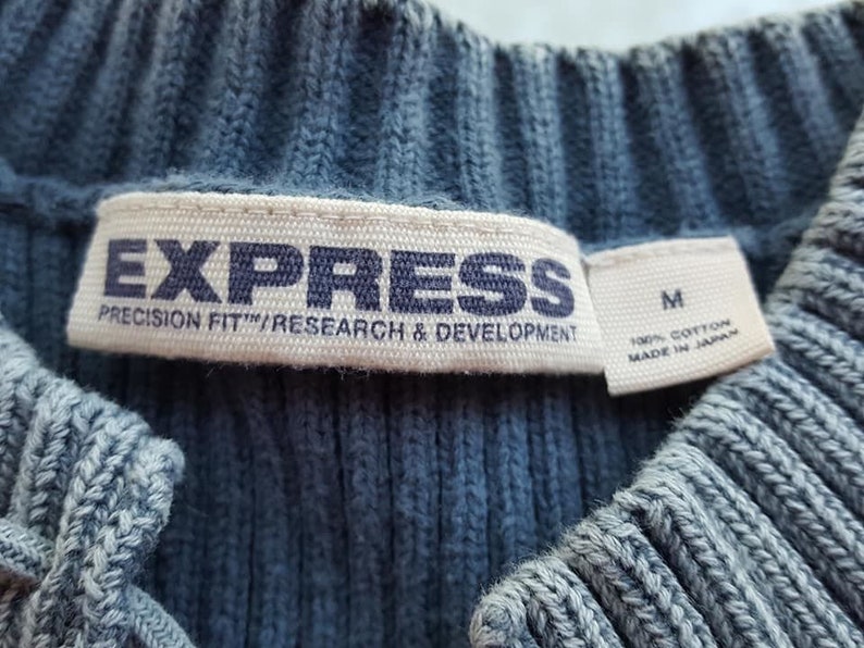 Pullover Medium Express Blue Made In Japan Henley Threaded Collar Long Sleeves Vintage Clothing