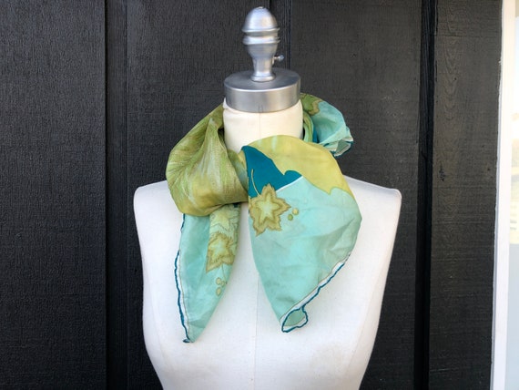 Large Turquoise Blue and Green Leaf Square Scarf … - image 6