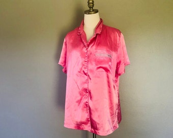 Pajama Shirt Plus Size 1X Morgan Taylor Intimates Pink Satin Short Breast Pocket Sleeves Button Front Sleep Shirt Bed Top Vintage Lingerie