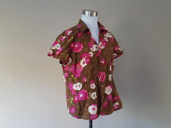 Shirt Large Pappagallo Brown Pink Floral Cotton S… - image 1