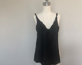 Black Satiny Small Fredericks of Hollywood Lace Trimmed Underwire Teddie Teddy Vintage Lingerie