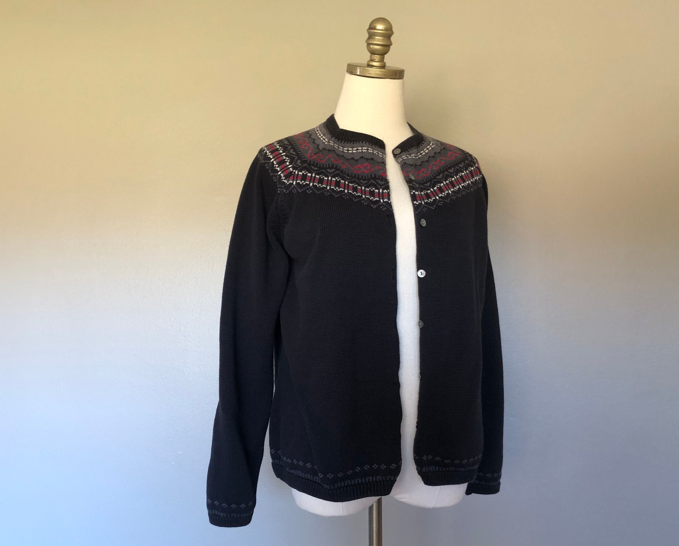 Cardigan Large Lands End Black Gray 
