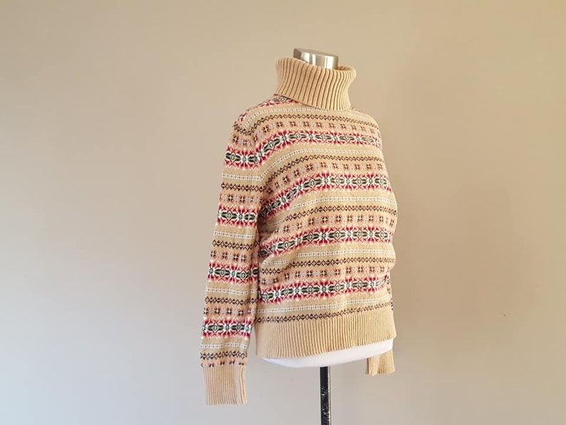 Sweater Large Lands End Pullover Turtleneck Tan Beige Striped Cotton Nylon Wool Blend Long Sleeve Vintage Apparel