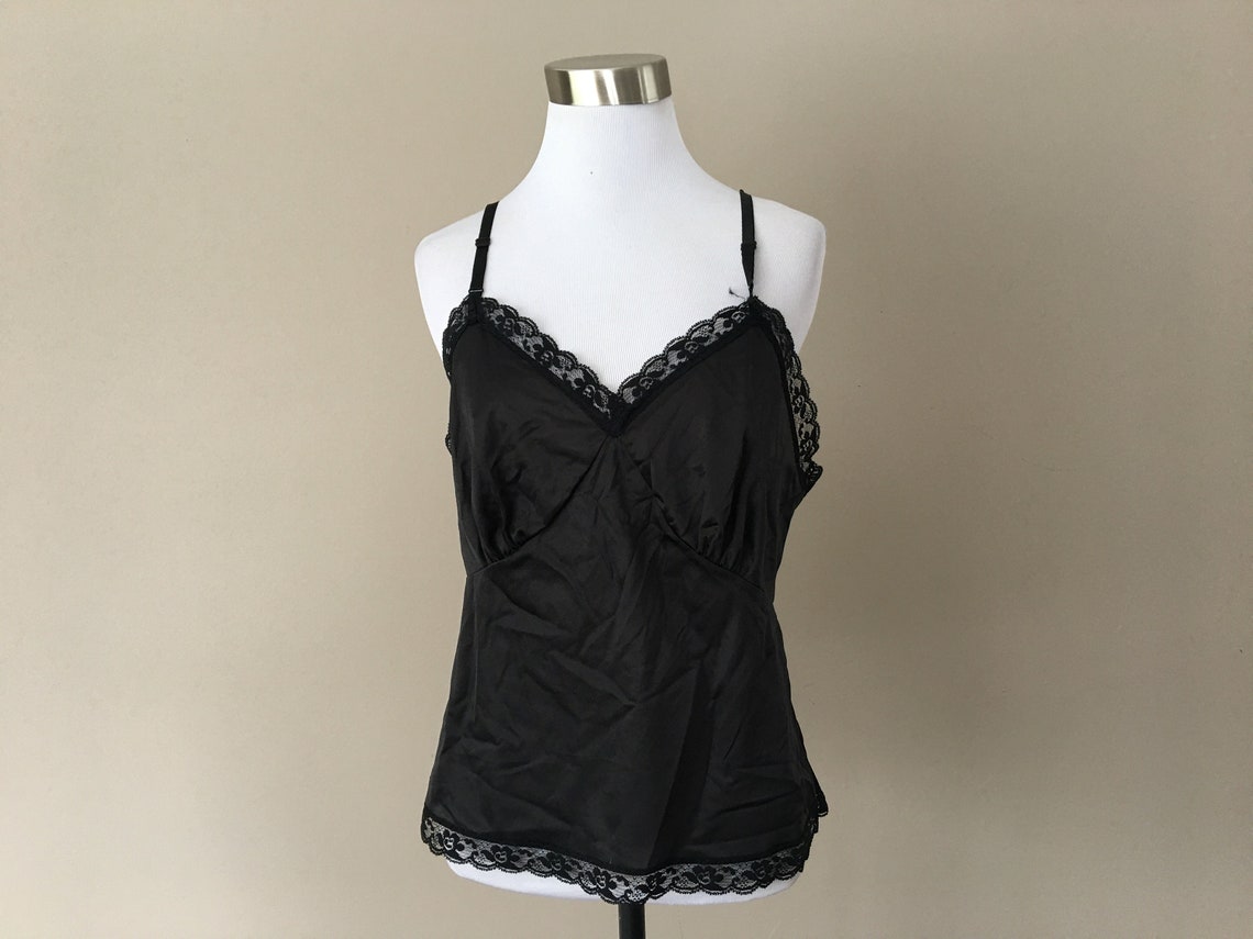 Camisole Large Black Nylon Lacy Trim Cami Made In USA | Etsy