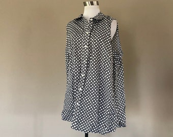 Blouse Plus Size 2X Coldwater Creek Black White Geometric Cotton Classic Cut Sleeveless Wing Tip Collar Front Button Darts Vintage