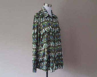 Blouse Size 14 Jones New York Collection Large Green Blue Multi Color Long Sleeve Front Button  Vintage Apparel