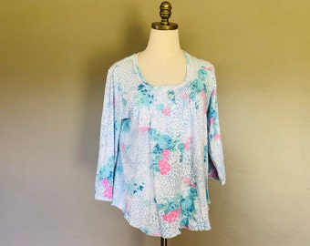 Sleep Shirt Medium Miss Elaine Blue Floral Pullover Three Quarter Sleeve Pajama Top Vintage Lingerie