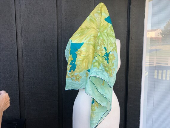 Large Turquoise Blue and Green Leaf Square Scarf … - image 8