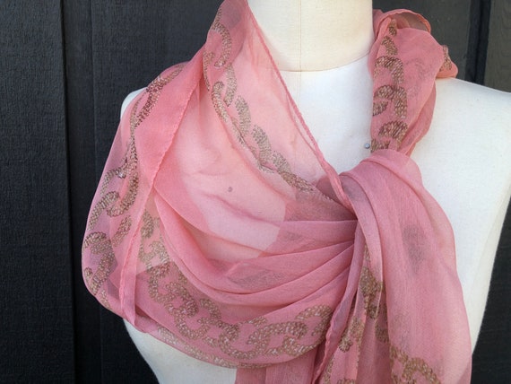 SILK Pink Brown Print Long Oblong Scarf Vintage A… - image 2