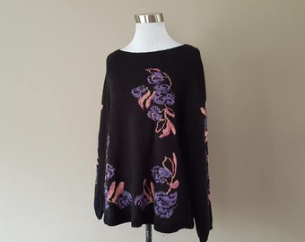 Sweater Pullover Medium Style and Co Boat Neck Long Sleeves Purple Pink Embellishment Front and Arms  Soft Stretchy Vintage Apparel