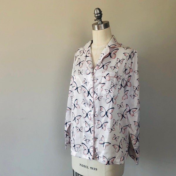 Sleep Shirt Small Charter Club Intimates White Pink Butterflies Satiny Pajama Top Button Front Long Sleeves Vintage Lingerie