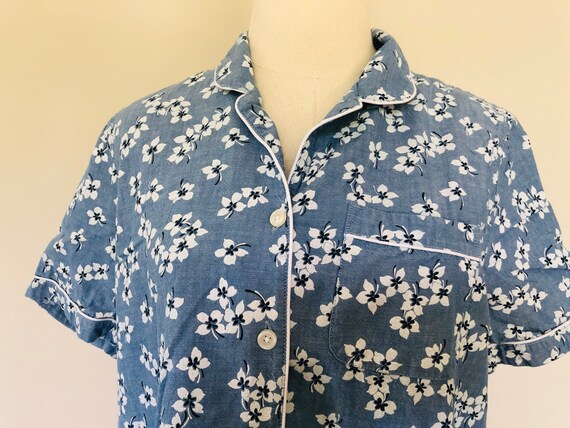 Sleep Shirt Large Drapercjames for Lands End Blue Floral Cotton Bed Top Short Sleeve Button Front Pocket Vintage Sleepwear Etsy UK
