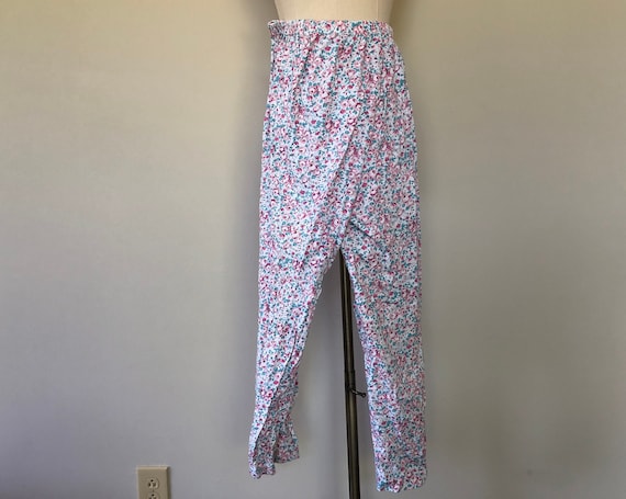 Sleep Pants Medium Pink Roses Blue Leaves Cotton … - image 1