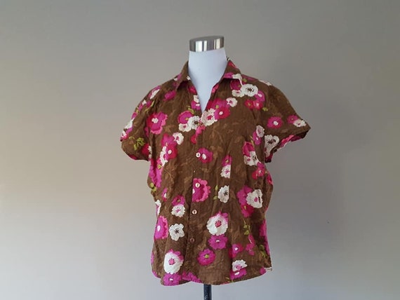 Shirt Large Pappagallo Brown Pink Floral Cotton S… - image 2