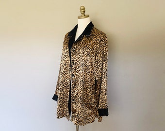 Sleep Shirt Large Cabernet Animal Leopard Cat Print Satin Long Sleeves Bed Top Vintage Lingerie