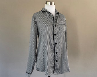 Sleep Shirt Small Petite Gilligan and OMalley Black White Stripe Button Front Long Sleeve Bed Top Vintage Lingerie