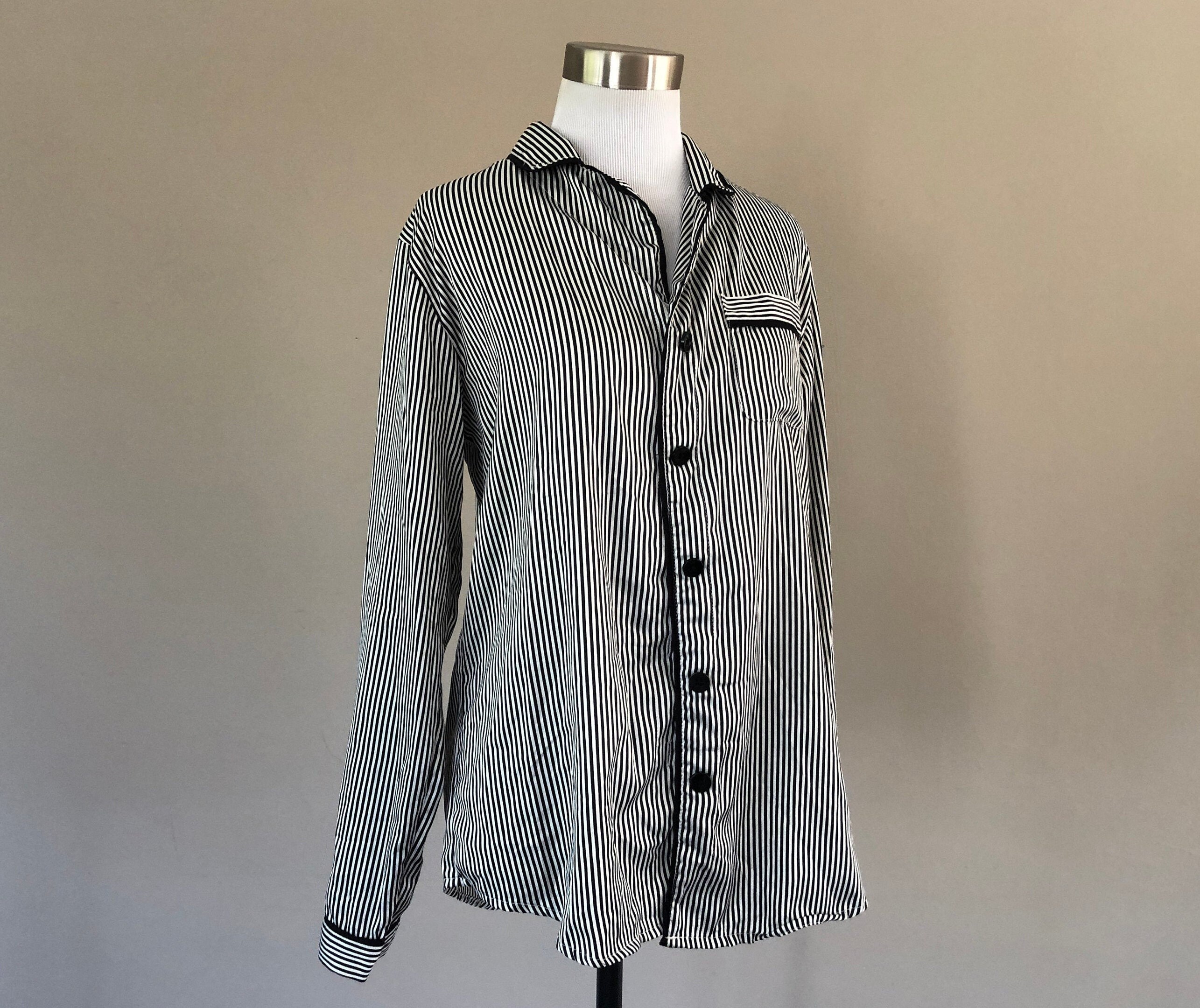 Sleep Shirt Small Petite Gilligan and OMalley Black White Stripe Button Front Long Sleeve Bed Top Vintage Lingerie