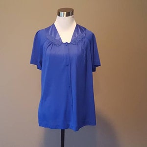 Sleep Shirt Medium Vassarette  Pajama Top  Bed Jacket Blue Nylon Vintage Lingerie